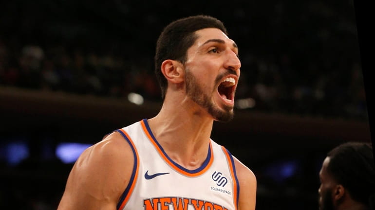 Enes Kanter #00 of the New York Knicks reacts during...