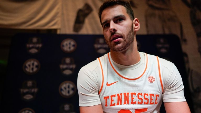 Tennessee NCAA college basketball Santiago Vescovi speaks during Southeastern Conference...