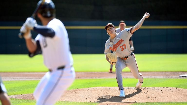 Baltimore Orioles starting pitcher Cade Povich throws against Detroit Tigers'...