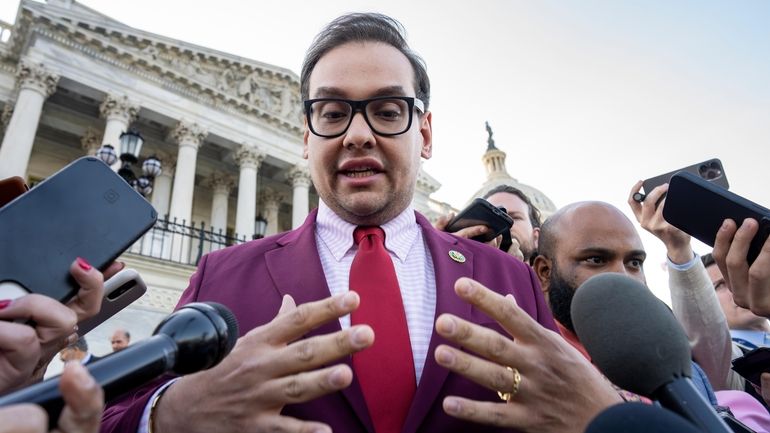 Rep. George Santos (R-Nassau/Queens) speaks to reporters outside the U.S....