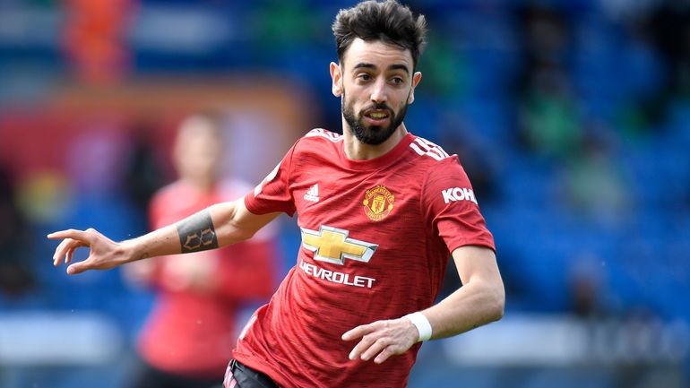 Manchester United's Bruno Fernandes in action during an English Premier...