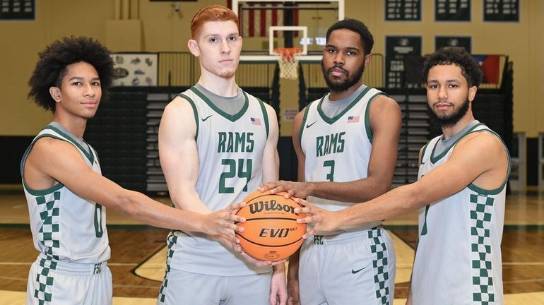 Farmingdale State College men's basketball teammates, from left, Jévon Santos,...