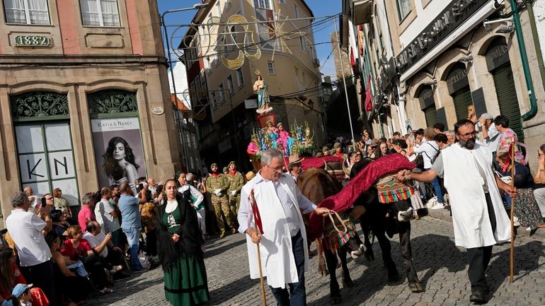 Pairs of oxen pull a boat-shaped float with an iconic...