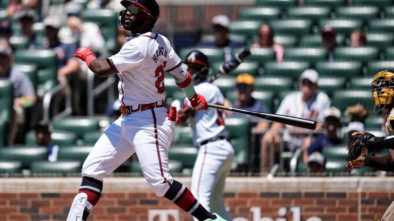 Atlanta Braves outfielder Michael Harris II (23) hits an RBI-single...