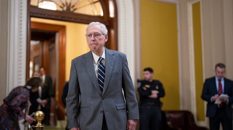 Senate Minority Leader Mitch McConnell, R-Ky., arrives to meet reporters...