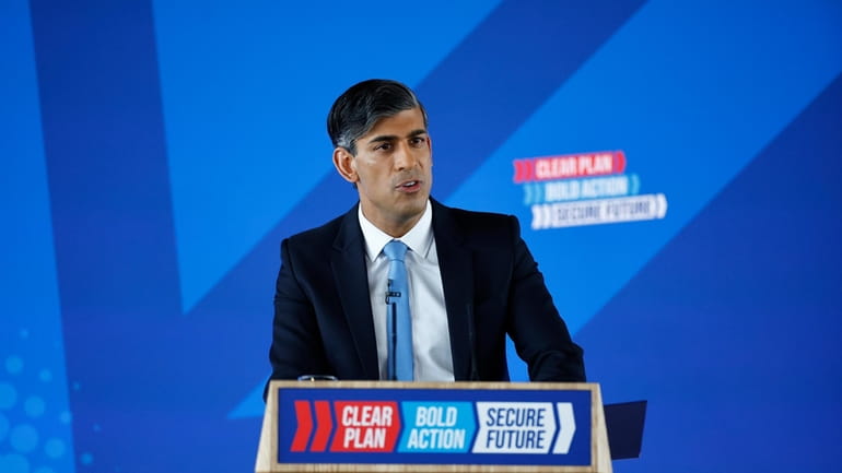 Britain's Prime Minister and Conservative Party leader, Rishi Sunak, delivers...