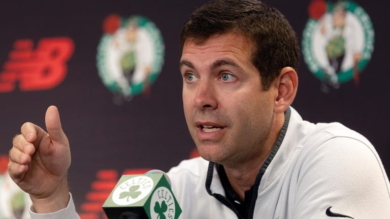 Boston Celtics president of basketball operations Brad Stevens speaks at...