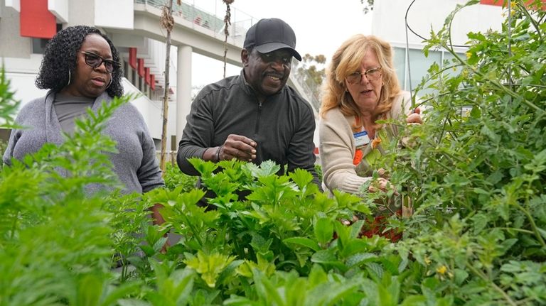 Bella McGowan, right, works at a community garden with local...