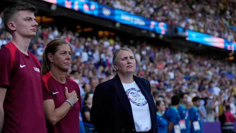 Head coach Emma Hayes of the United States, right, stands...