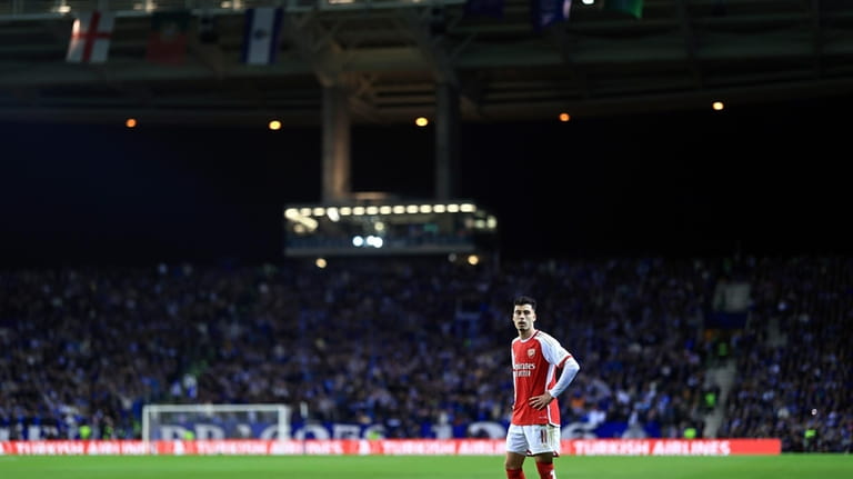 Arsenal's Gabriel Martinelli looks on during a Champions League round...