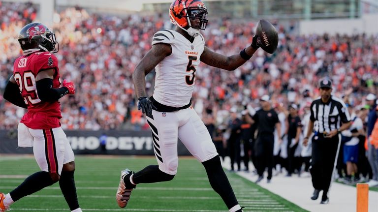 Cincinnati Bengals wide receiver Tee Higgins (5) scores a touchdown...