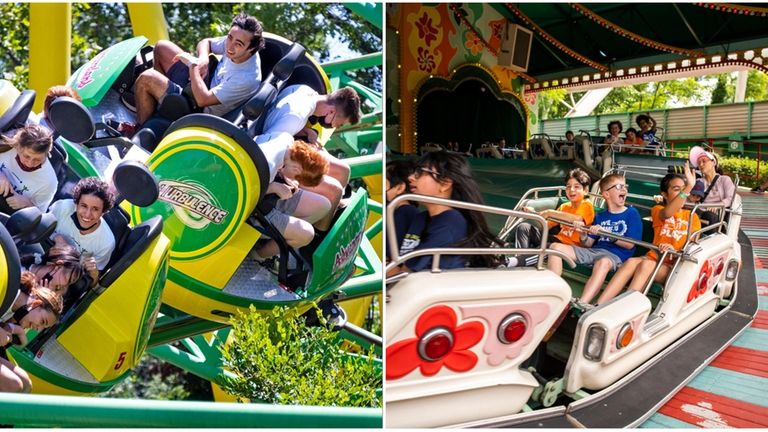 People hang on as they ride Turbulence at Adventureland amusement...