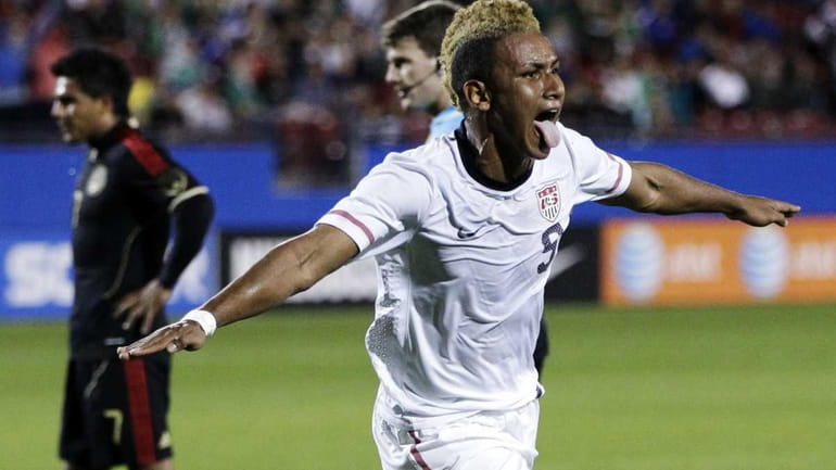 United States forward Juan Agudelo celebrates following his goal on...