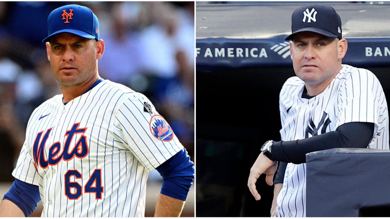 Carlos Mendoza as Mets manager in 2024, left, and as...