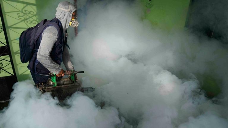 A health worker fumigates for mosquitoes inside a home to...