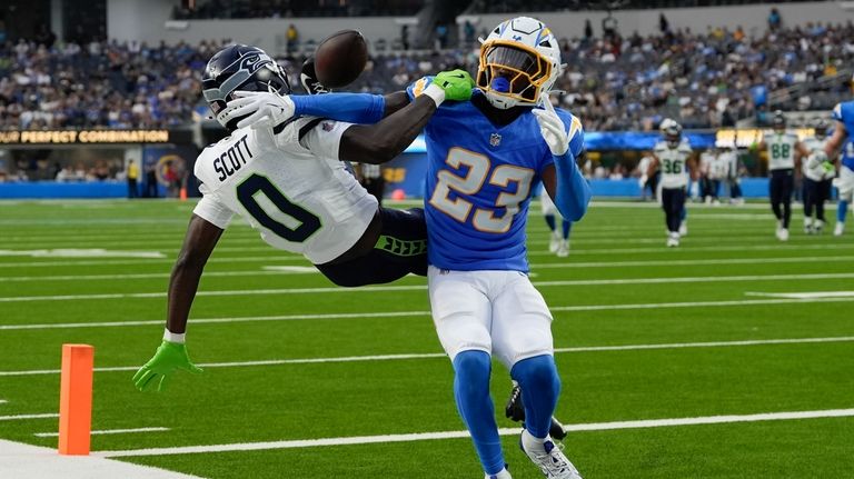 Los Angeles Chargers cornerback Matt Hankins (23) breaks up a...