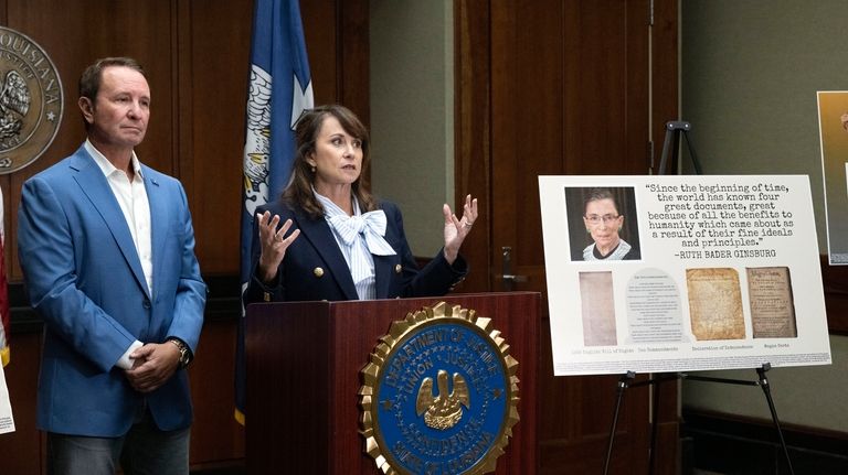 Louisiana Attorney General Liz Murrill speaks alongside Louisiana Gov. Jeff...