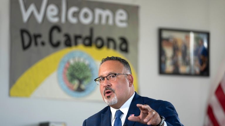 Education Secretary Miguel Cardona speaks during an interview with The...