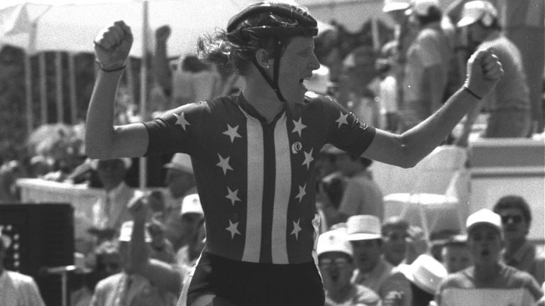 Connie Carpenter-Phinney of Boulder, Colo., celebrates after winning the first...