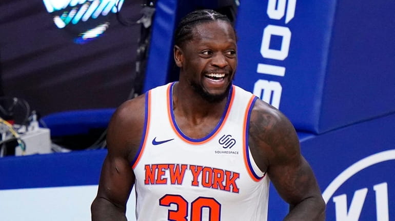 Julius Randle of the Knicks reacts after a basket during...