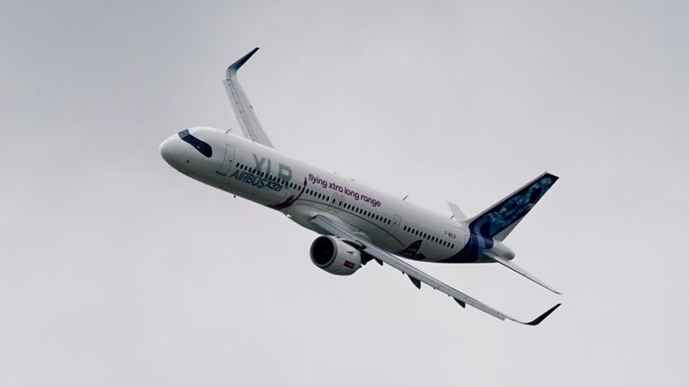 An Airbus A321-253 XLR flies, at the Farnborough International Air...