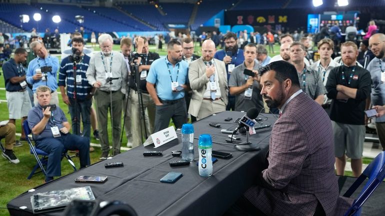 Ohio State head coach Ryan Day speaks during an NCAA...