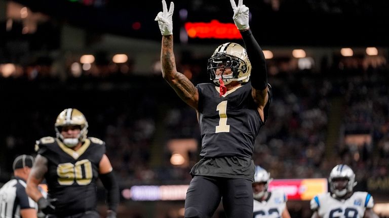 New Orleans Saints cornerback Alontae Taylor (1) celebrates a sack...