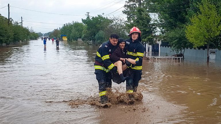 In this photo released by the Romanian Emergency Services Galati...