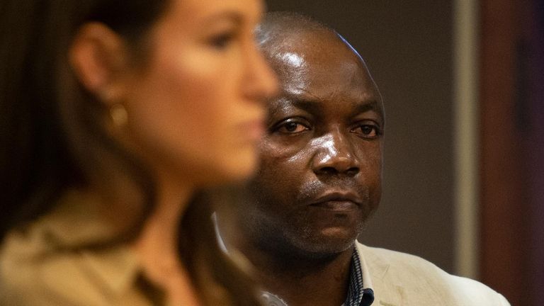 Patrick Lyoya's father, Peter Lyoya, listens during a hearing for...