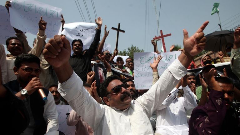 Pakistani Christians hold a demonstration condemning the recent attack on...