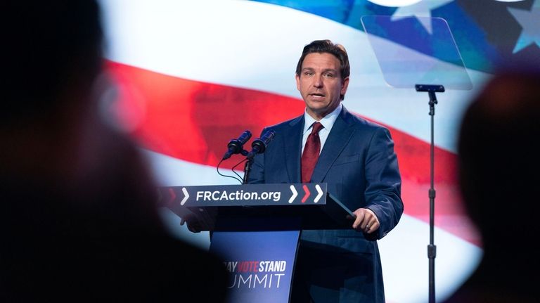 Republican presidential hopeful Governor Ron DeSantis, R-Fla., speaks during the...