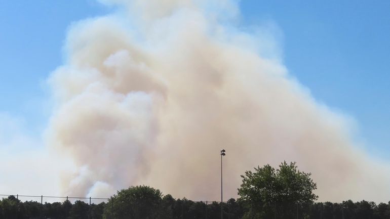 Large plumes of smoke rise from a forest fire in...