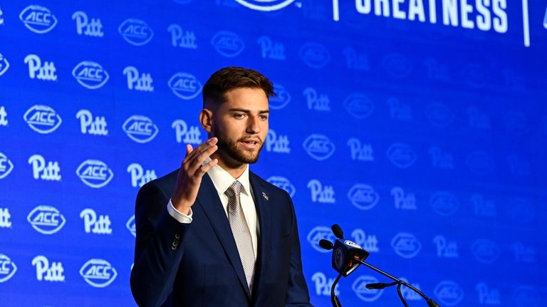 Pittsburgh quarterback Nate Yarnell speaks during the Atlantic Coast Conference...