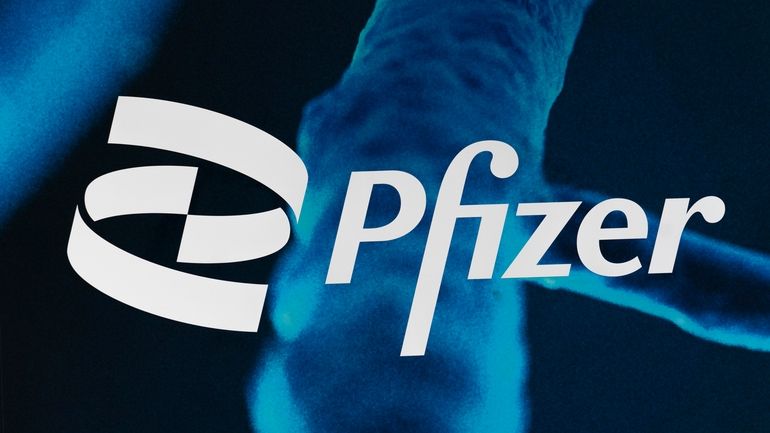 The Pfizer logo is displayed at the company's headquarters on...