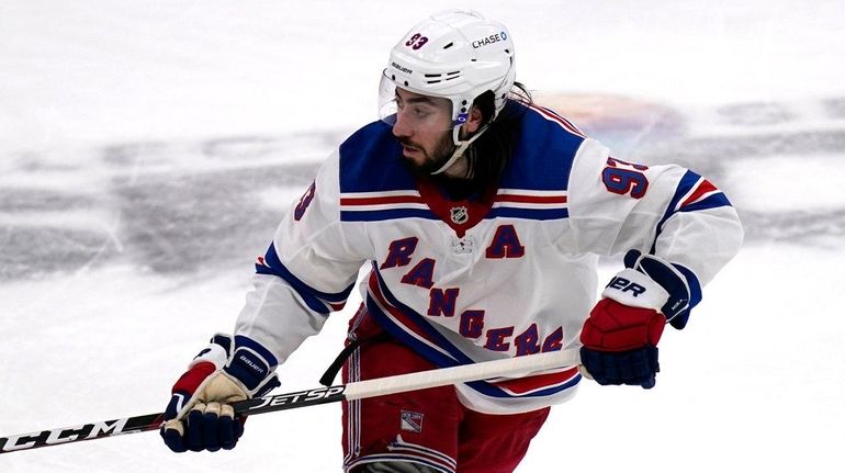 Rangers center Mika Zibanejad skates against the Bruins during the...