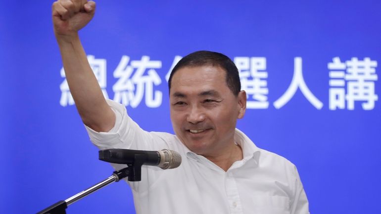 New Taipei City Mayor Hou You-yi delivers a speech during...