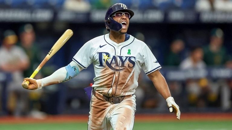 Tampa Bay Rays' Richie Palacios celebrates his game-winning RBI single...