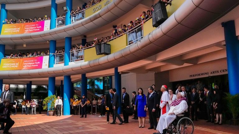 Pope Francis attends an interreligious meeting with young people at...