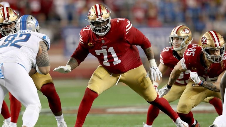 San Francisco 49ers offensive tackle Trent Williams (71) blocks during...