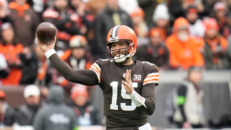 Cleveland Browns quarterback Joe Flacco throws during the first half...