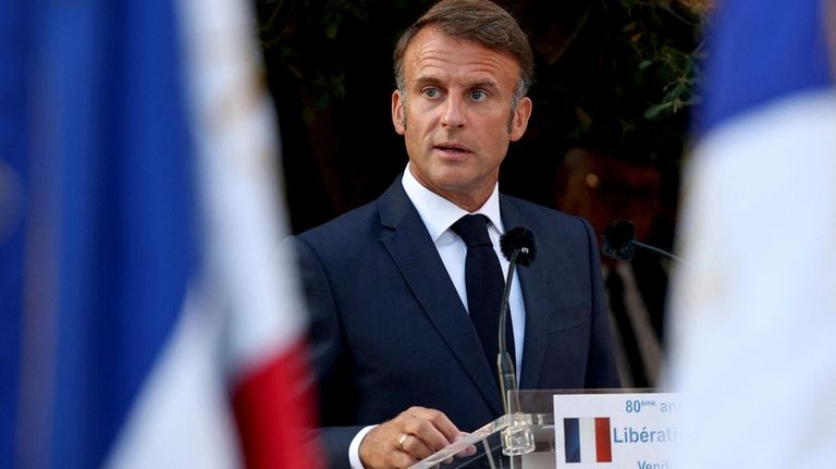 French President Emmanuel Macron speaks during a ceremony to commemorate...