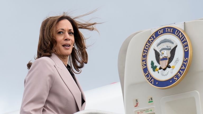 Democratic presidential nominee Vice President Kamala Harris boarding Air Force...