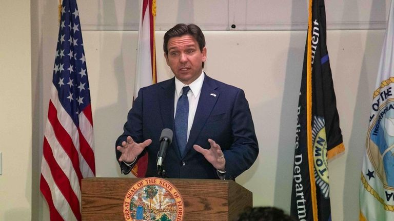 Florida Gov. Ron DeSantis speaks at the Palm Beach Police...