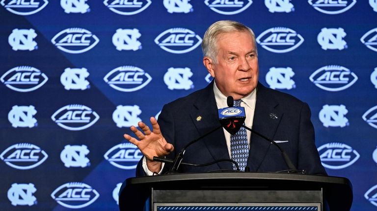 North Carolina head coach Mack Brown speaks during the Atlantic...