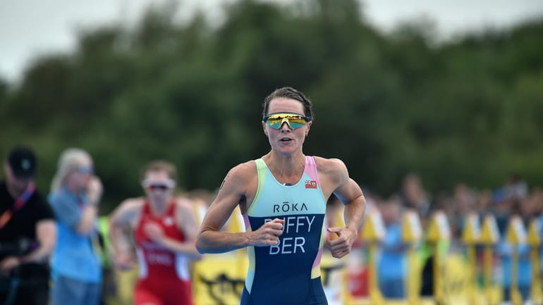 Flora Duffy of Bermuda competes in the women's individual triathlon...