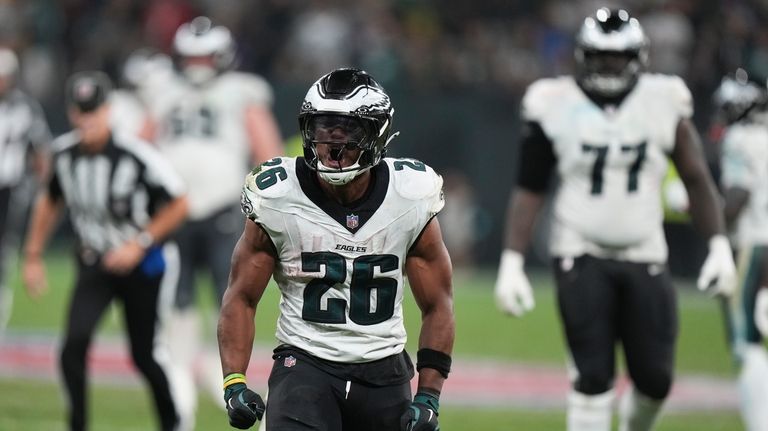 Philadelphia Eagles running back Saquon Barkley (26) reacts during the...