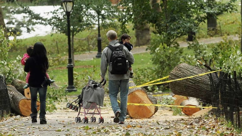 People walk past downed trees in Central Park. (Oct. 31,...