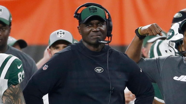Jets coach Todd Bowles watches during the first half of...