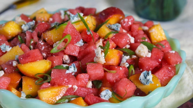 Watermelon, peaches, scallions and blue cheese splashed with sherry vinegar...