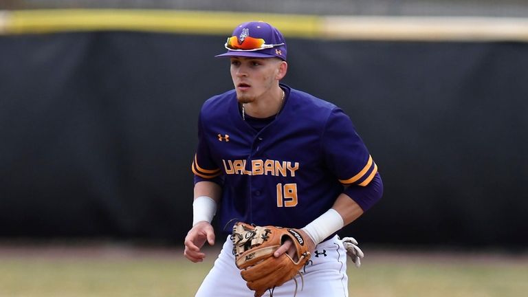 University at Albany infielder Brad Malm (19) in action against...